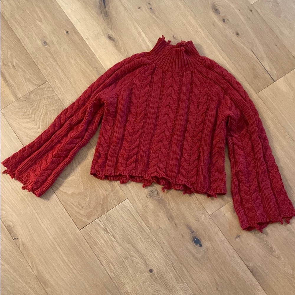 Cotton Candy Red Turtleneck Cable Knit Sweater